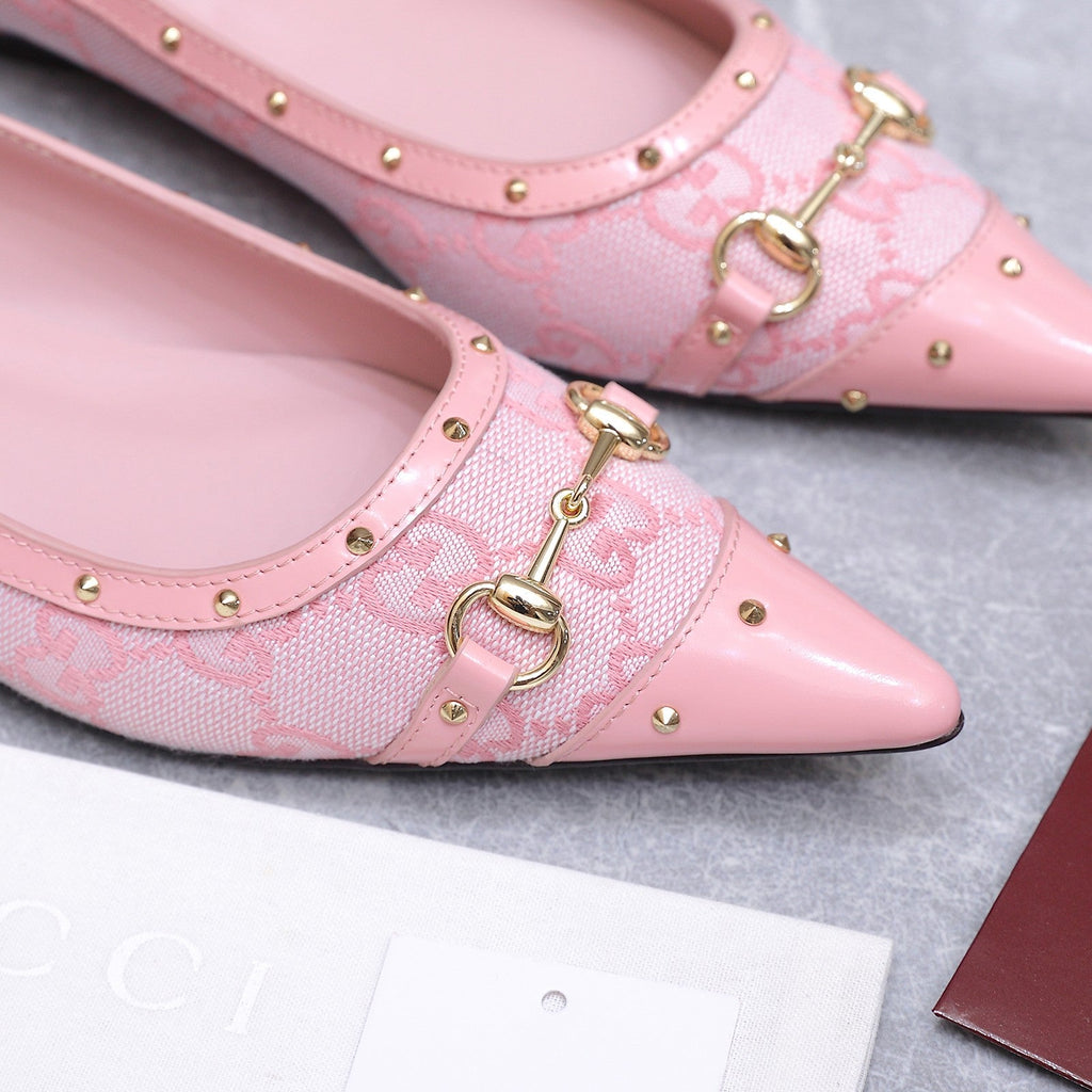 GUCCI 26S SAVOY BALLERINA FLATS IN PINK CANVAS AND CALFSKIN WITH STUDDED TRIM