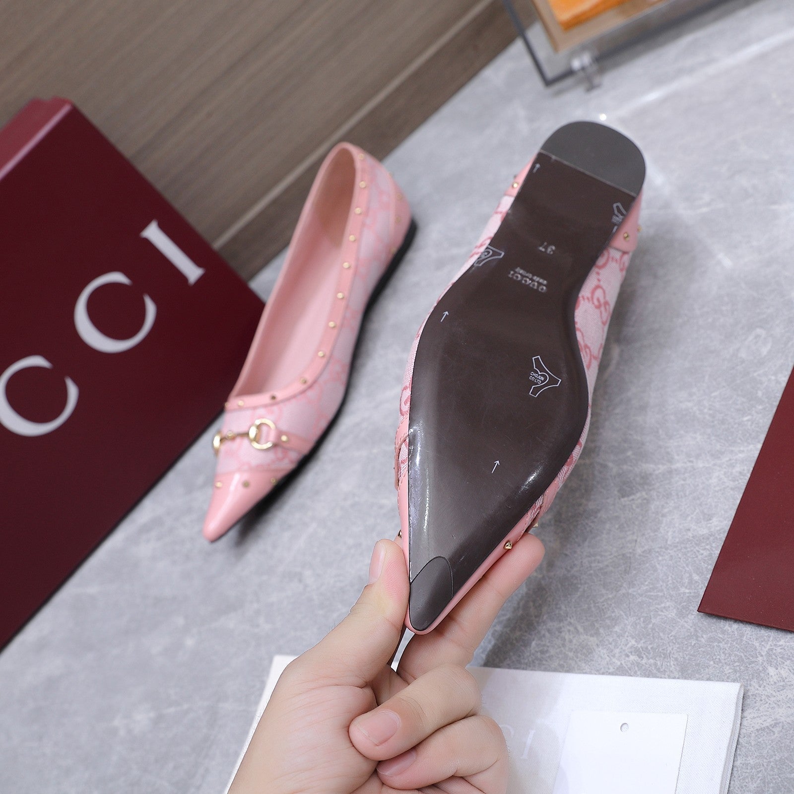 GUCCI 26S SAVOY BALLERINA FLATS IN PINK CANVAS AND CALFSKIN WITH STUDDED TRIM