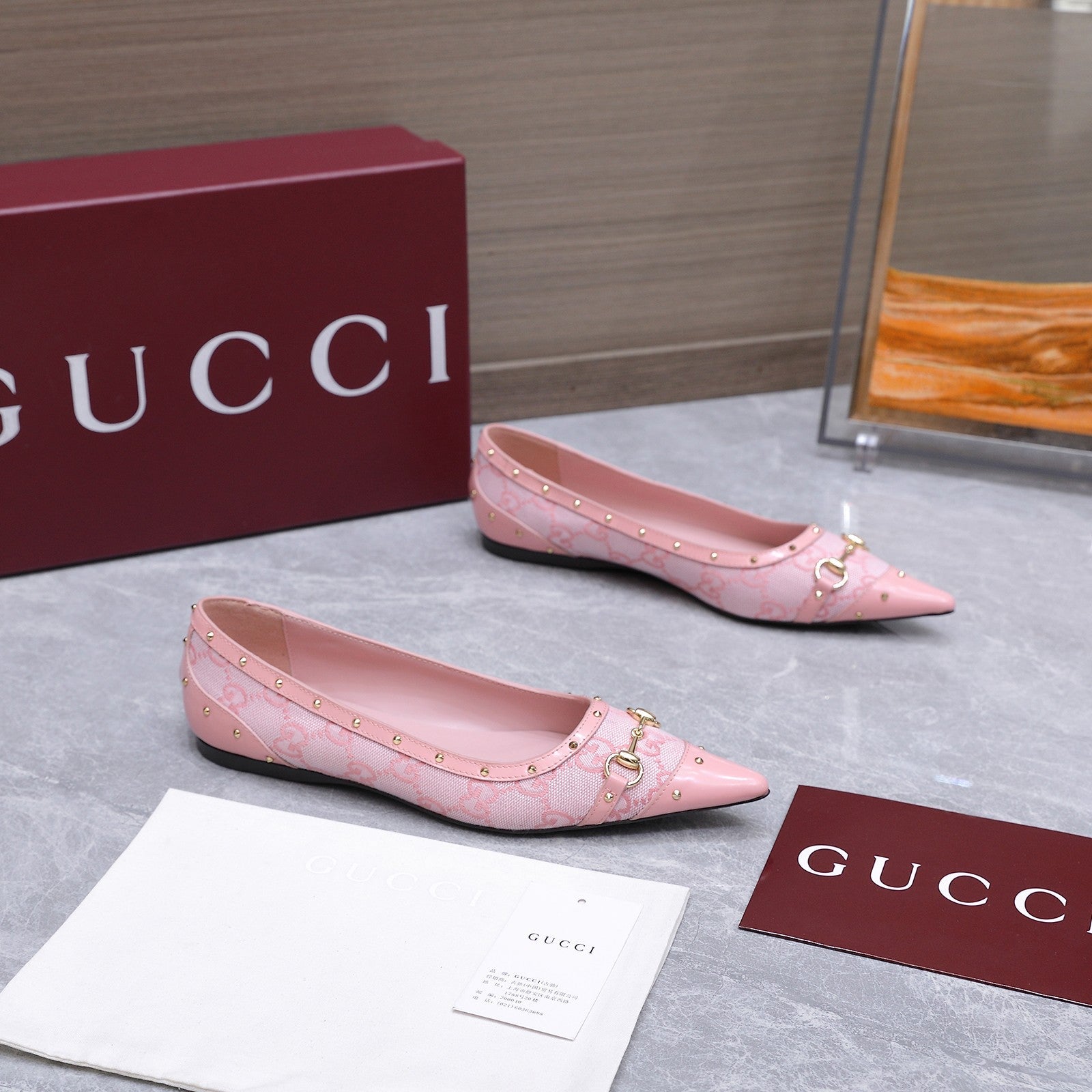 GUCCI 26S SAVOY BALLERINA FLATS IN PINK CANVAS AND CALFSKIN WITH STUDDED TRIM