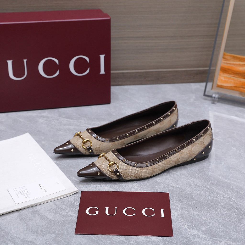 GUCCI 26S SAVOY BALLERINA FLATS IN BEIGE CANVAS AND CALFSKIN WITH STUDDED TRIM