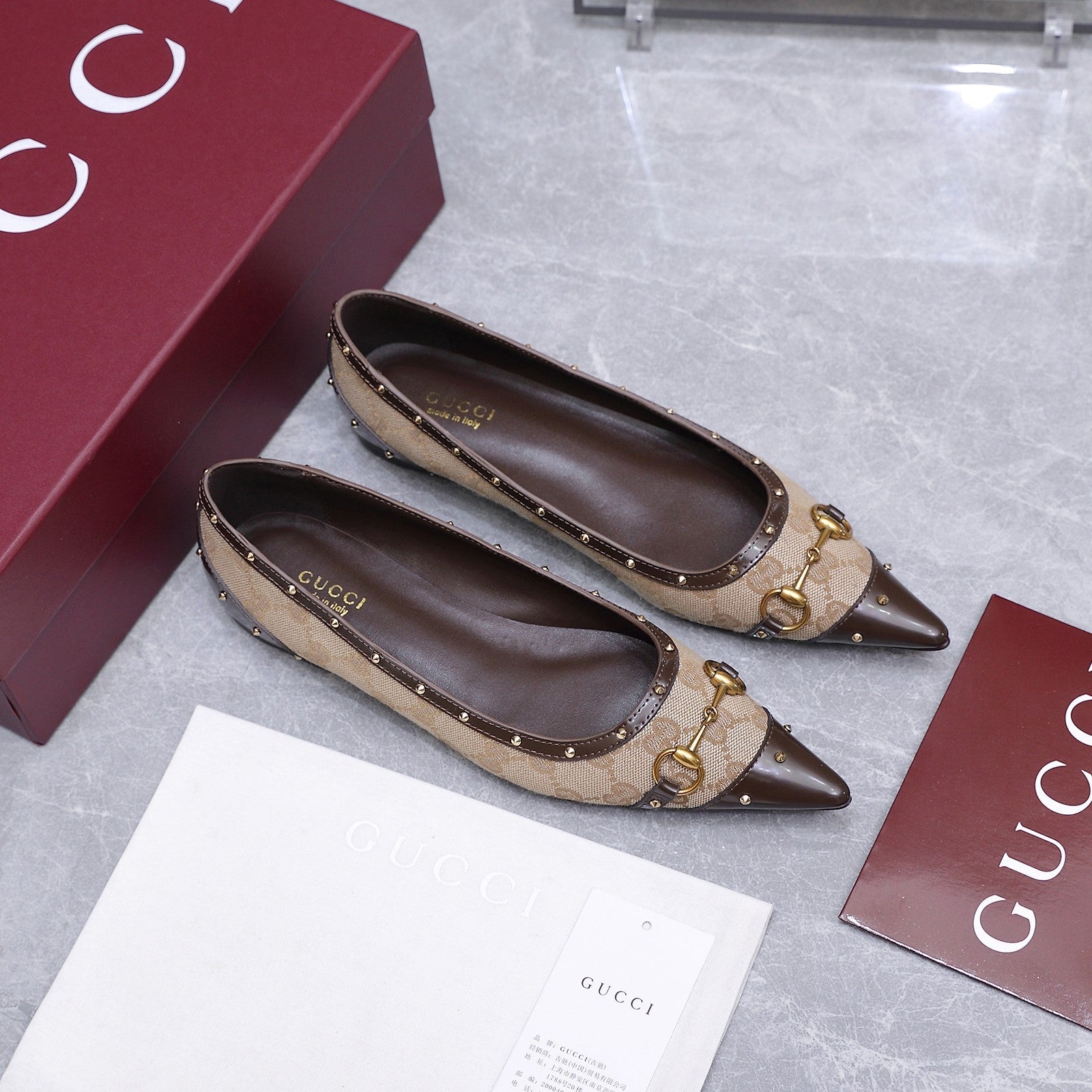GUCCI 26S SAVOY BALLERINA FLATS IN BEIGE CANVAS AND CALFSKIN WITH STUDDED TRIM