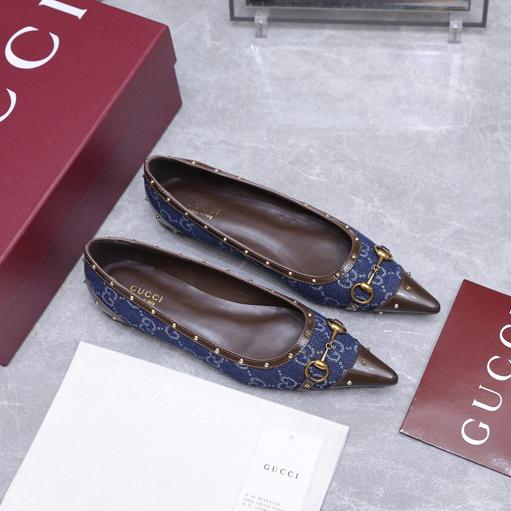 GUCCI 26S SAVOY BALLERINA FLATS IN DARK BLUE CANVAS AND CALFSKIN WITH STUDDED TRIM