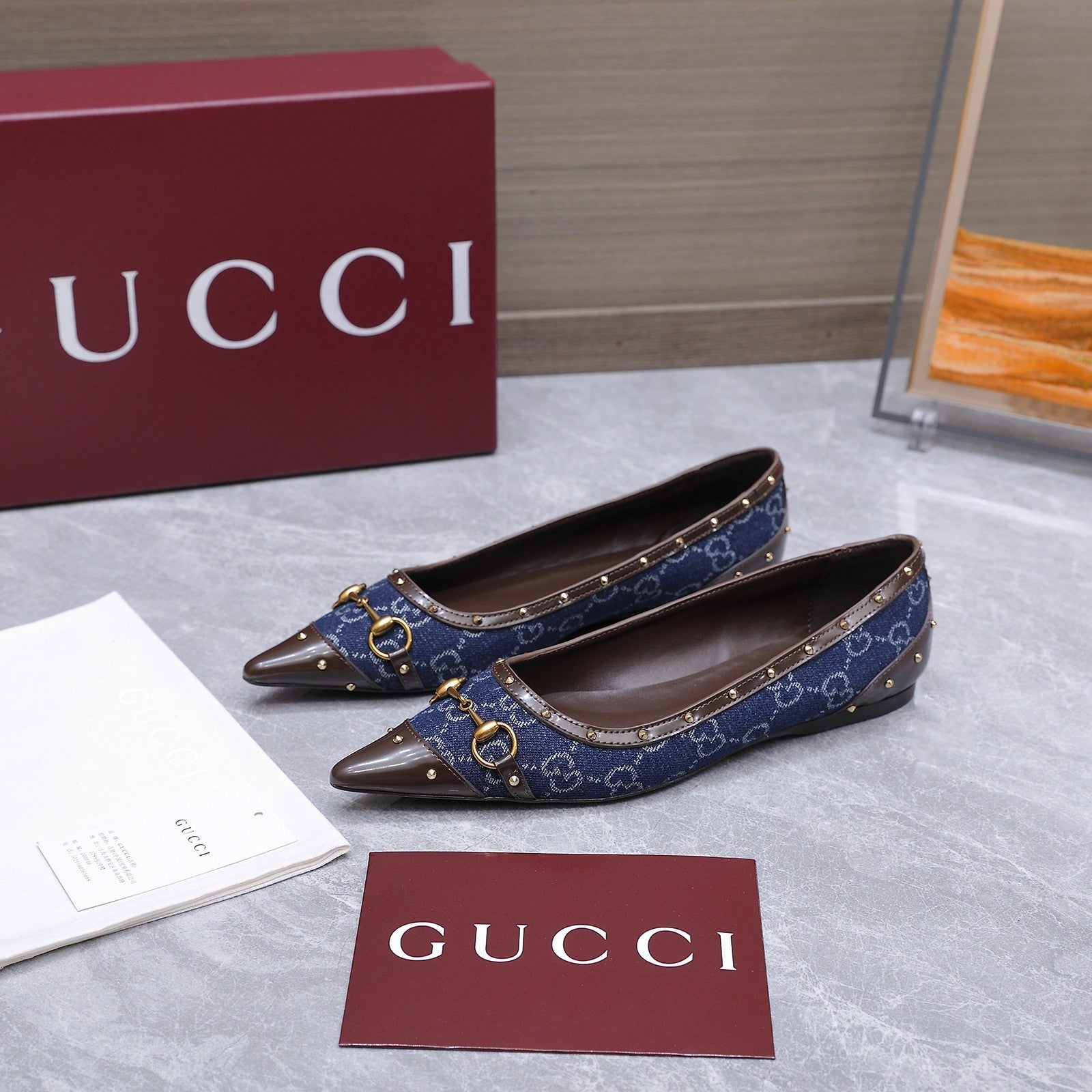 GUCCI 26S SAVOY BALLERINA FLATS IN DARK BLUE CANVAS AND CALFSKIN WITH STUDDED TRIM