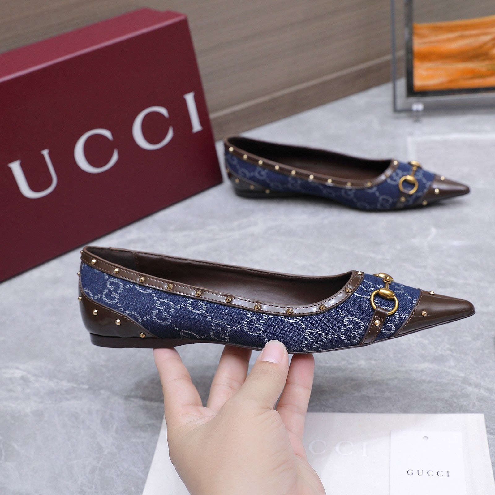 GUCCI 26S SAVOY BALLERINA FLATS IN DARK BLUE CANVAS AND CALFSKIN WITH STUDDED TRIM