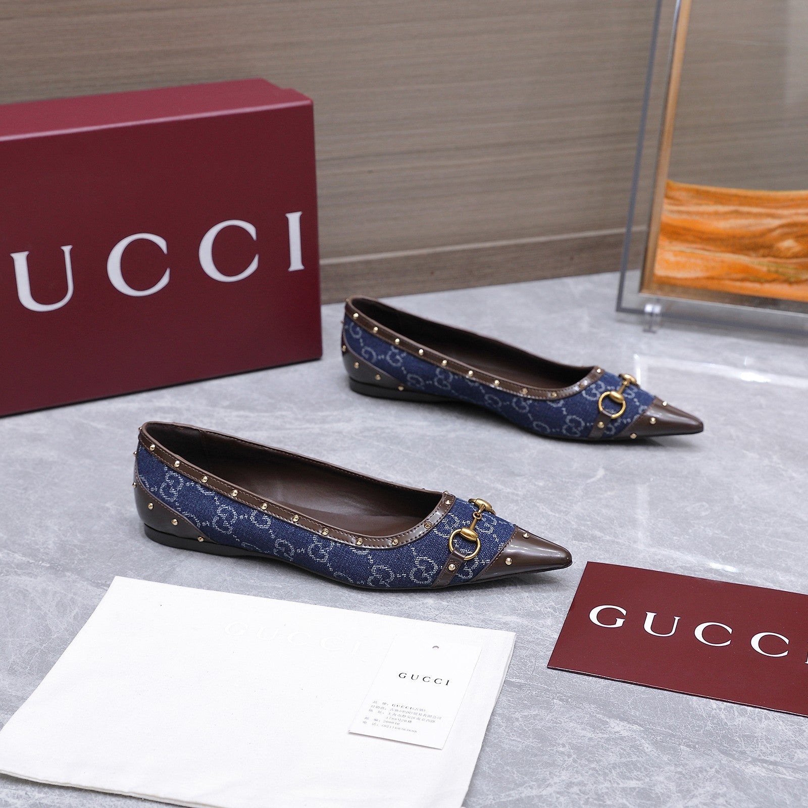GUCCI 26S SAVOY BALLERINA FLATS IN DARK BLUE CANVAS AND CALFSKIN WITH STUDDED TRIM