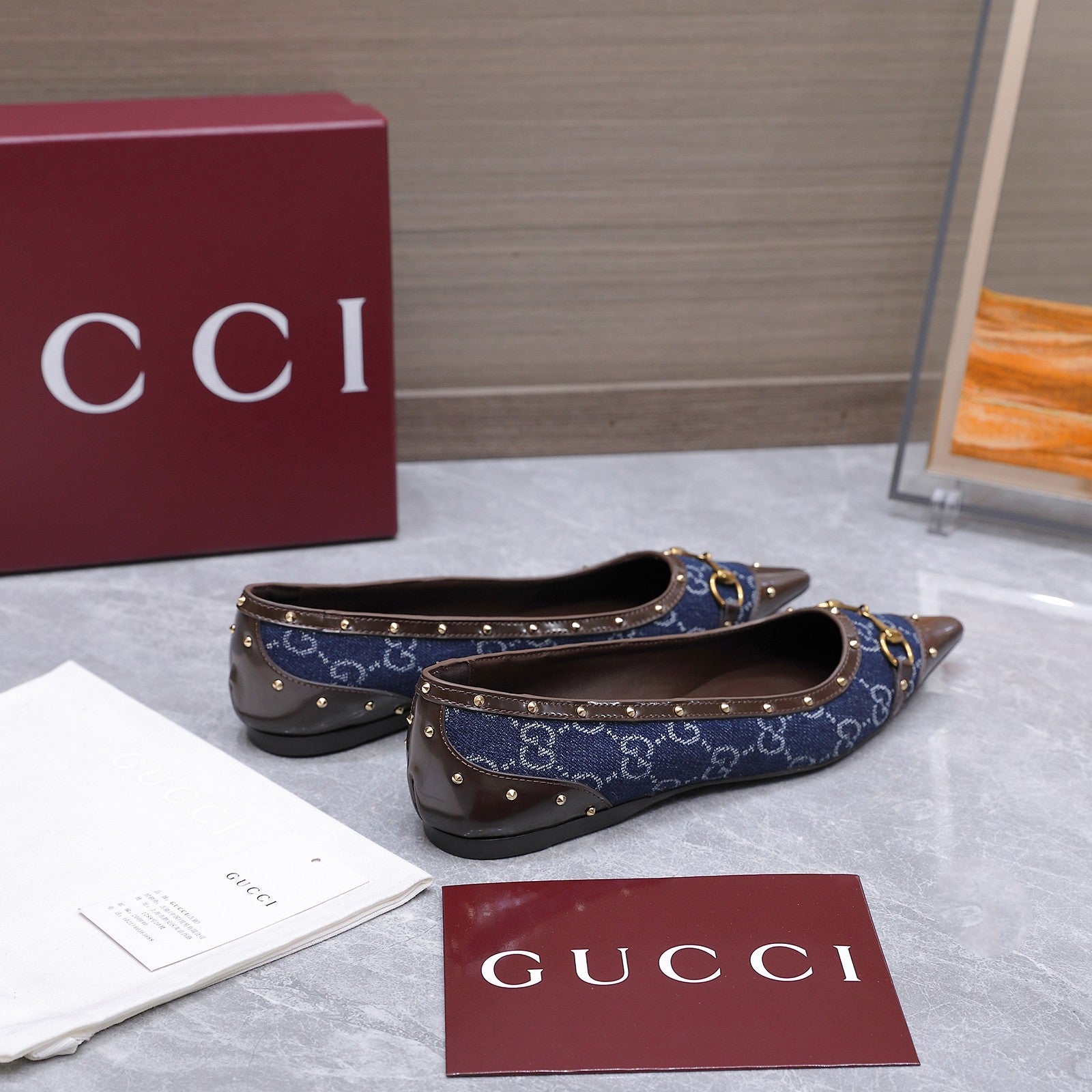 GUCCI 26S SAVOY BALLERINA FLATS IN DARK BLUE CANVAS AND CALFSKIN WITH STUDDED TRIM