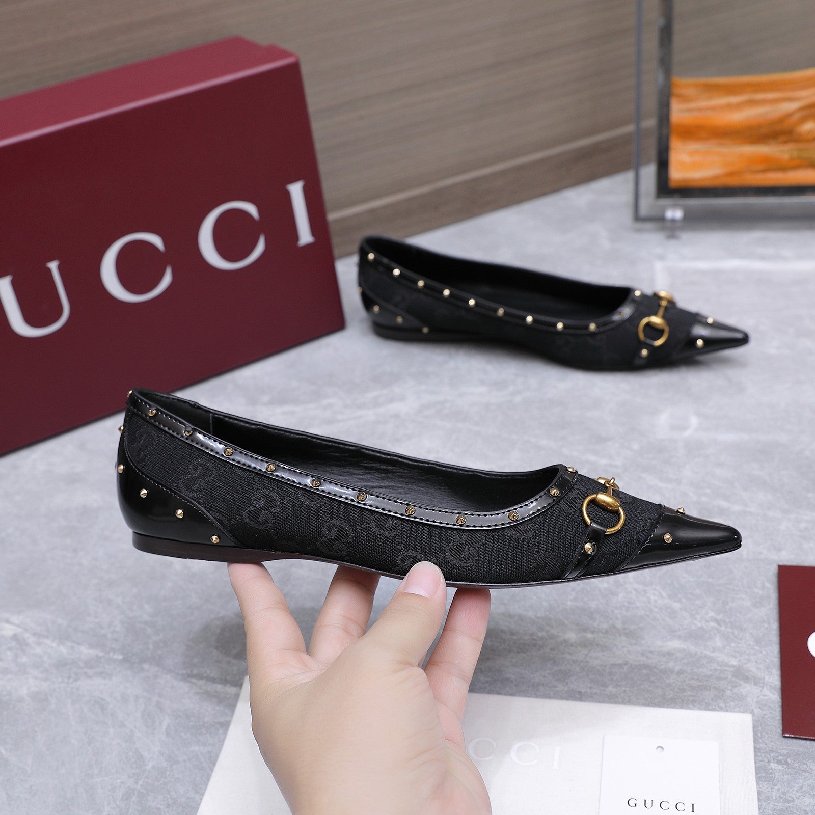 GUCCI 26S SAVOY BALLERINA FLATS IN BLACK CANVAS AND CALFSKIN WITH STUDDED TRIM