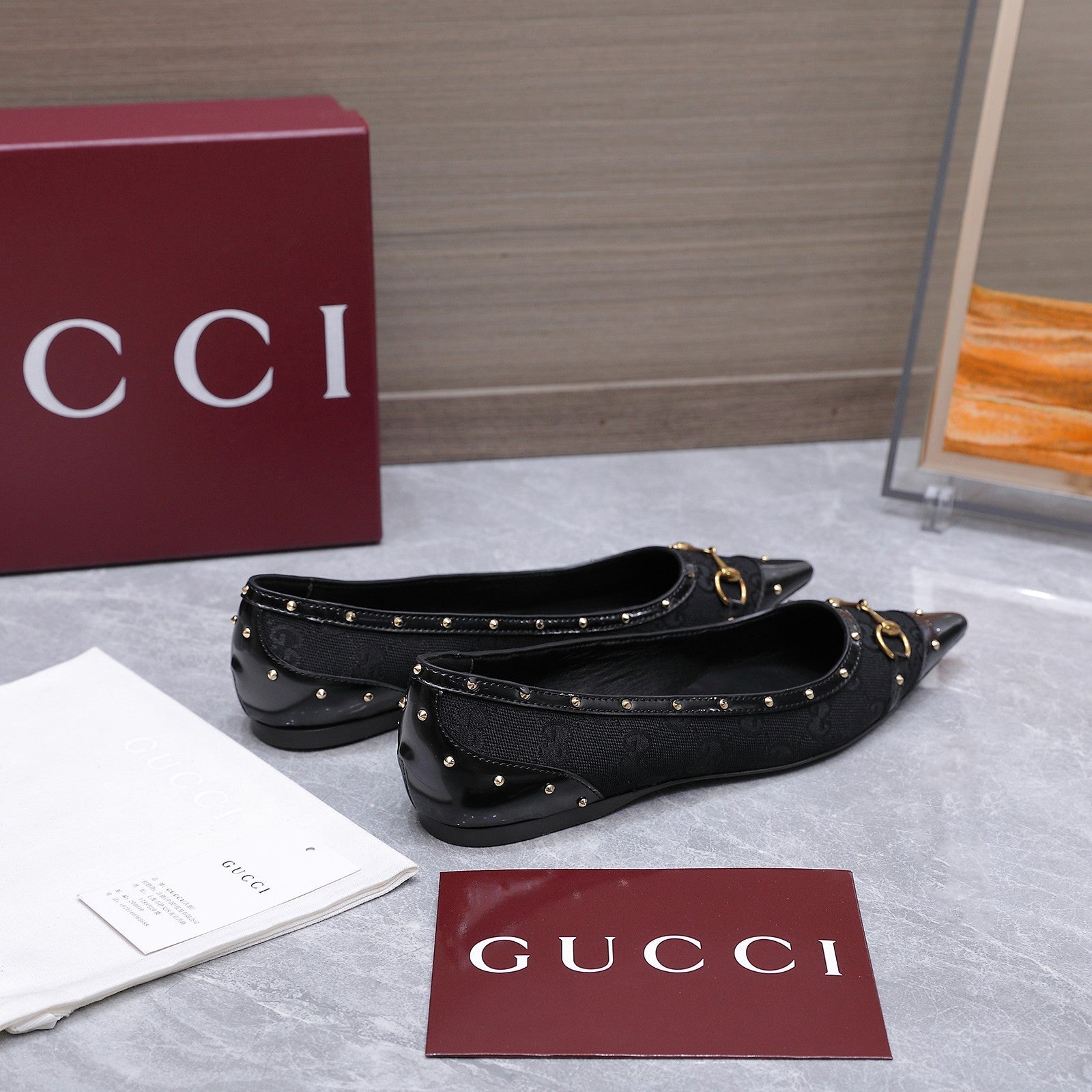 GUCCI 26S SAVOY BALLERINA FLATS IN BLACK CANVAS AND CALFSKIN WITH STUDDED TRIM