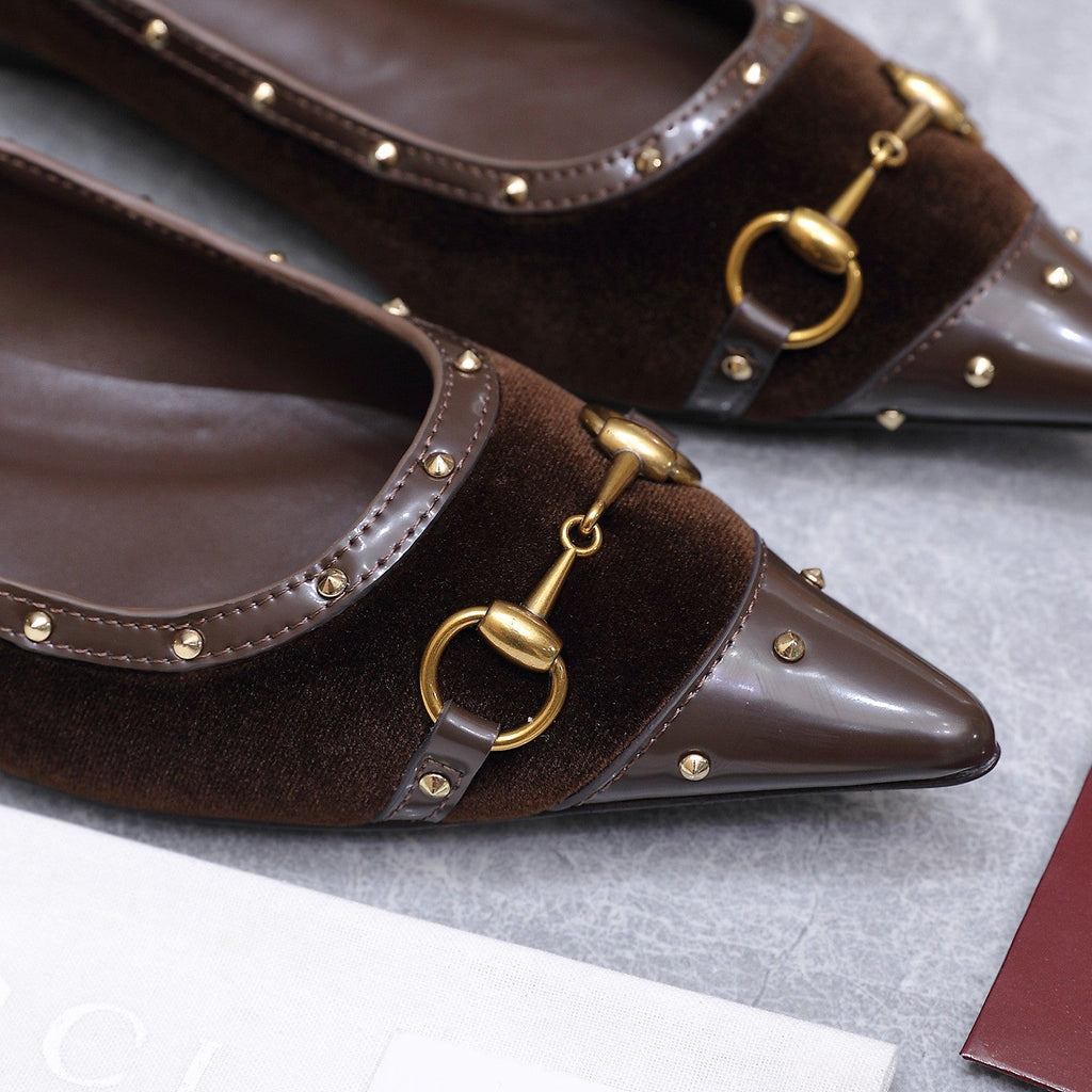 GUCCI 26S SAVOY BALLERINA FLATS IN DARK BROWN VELVET AND CALFSKIN WITH STUDDED TRIM