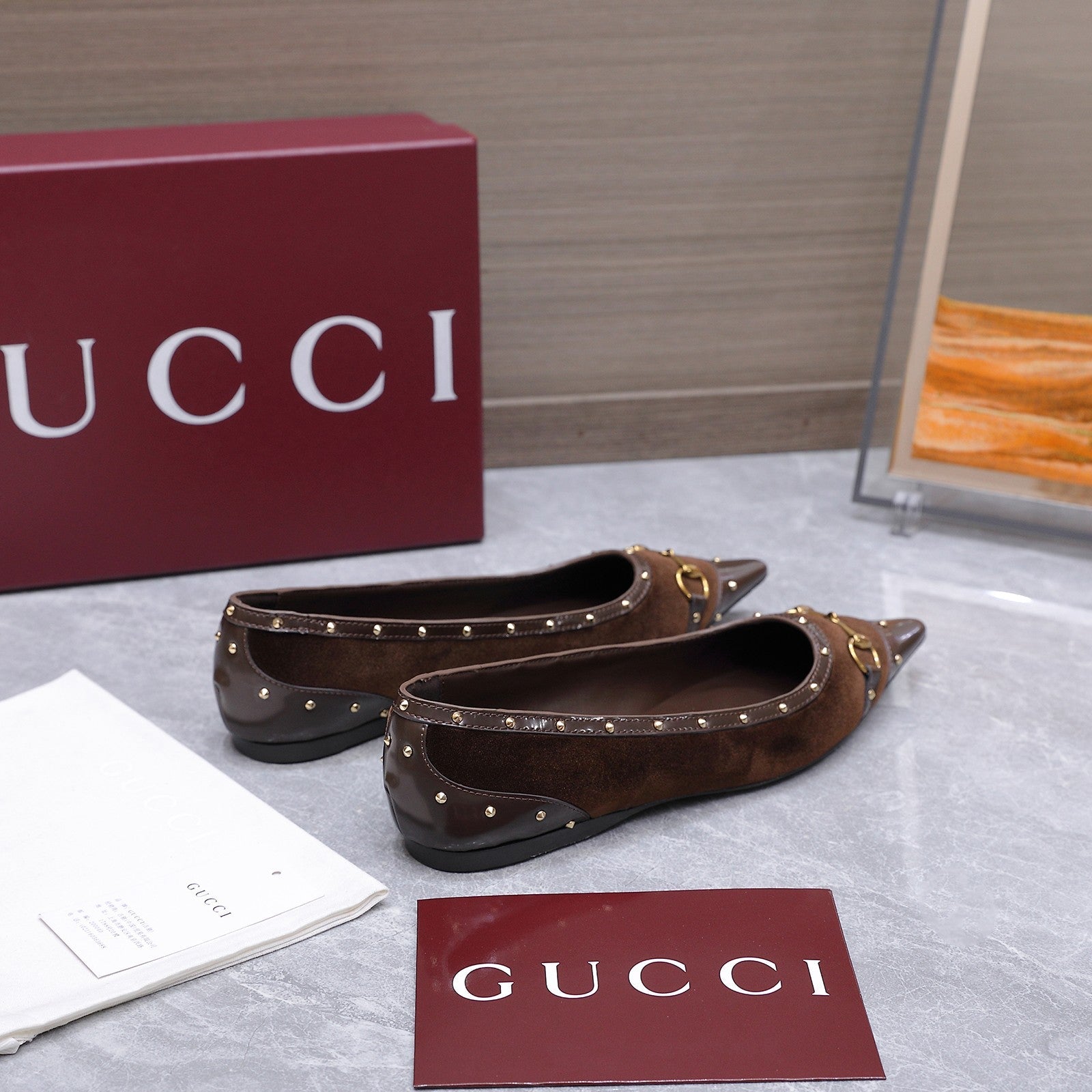 GUCCI 26S SAVOY BALLERINA FLATS IN DARK BROWN VELVET AND CALFSKIN WITH STUDDED TRIM