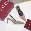 GUCCI 26S HEEL POINTED TOE SLINGBACK PUMPS 75MM IN BEIGE EBONY CANVAS