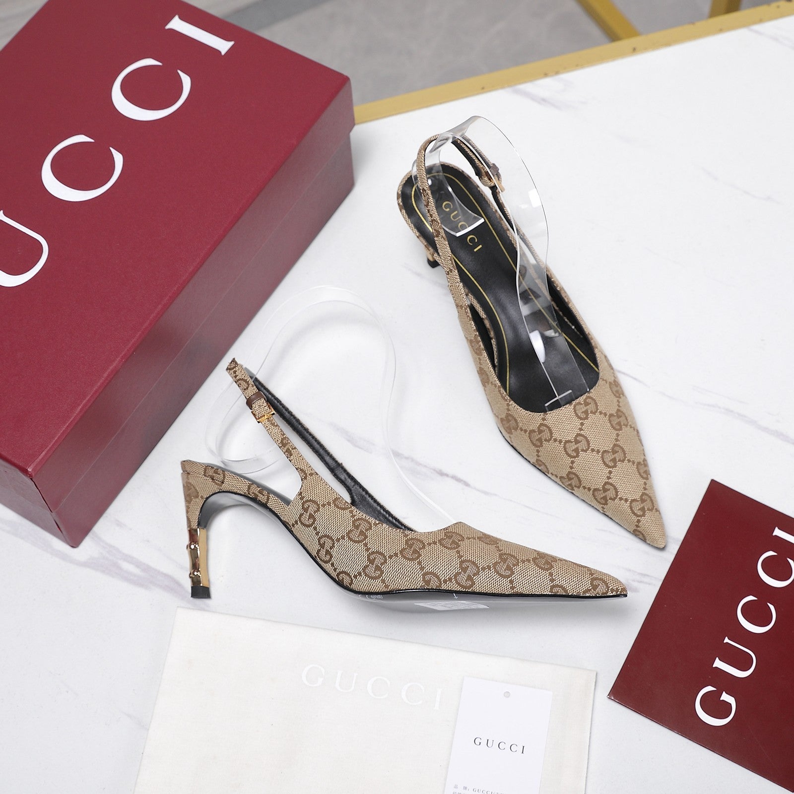 GUCCI 26S HEEL POINTED TOE SLINGBACK PUMPS 75MM IN BEIGE EBONY CANVAS