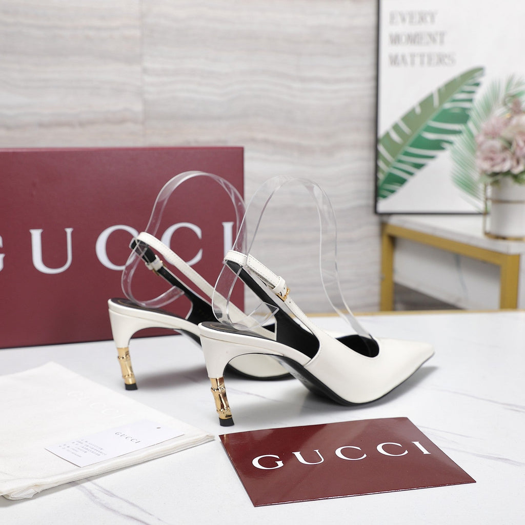 GUCCI 26S HEEL POINTED TOE SLINGBACK PUMPS 75MM IN WHITE CALFSKIN