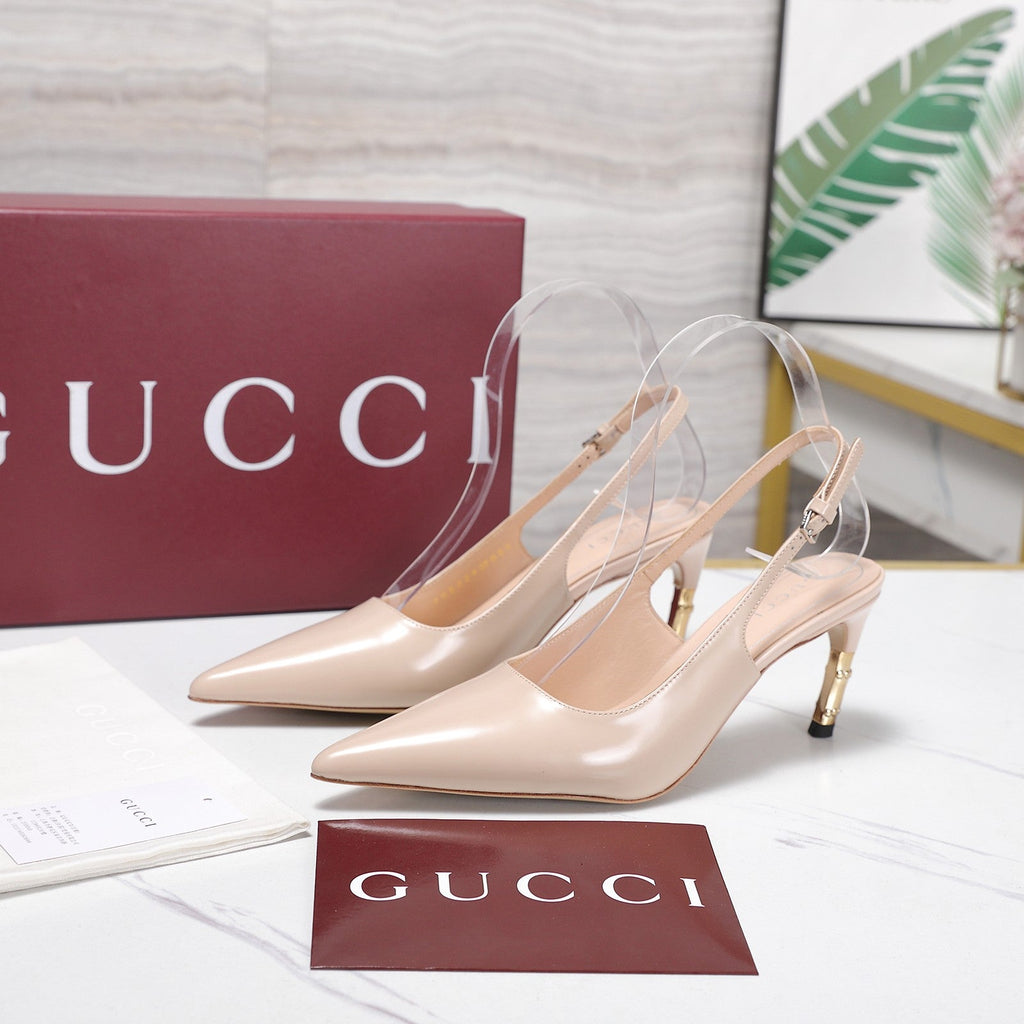 GUCCI 26S HEEL POINTED TOE SLINGBACK PUMPS 75MM IN NUDE BEIGE CALFSKIN