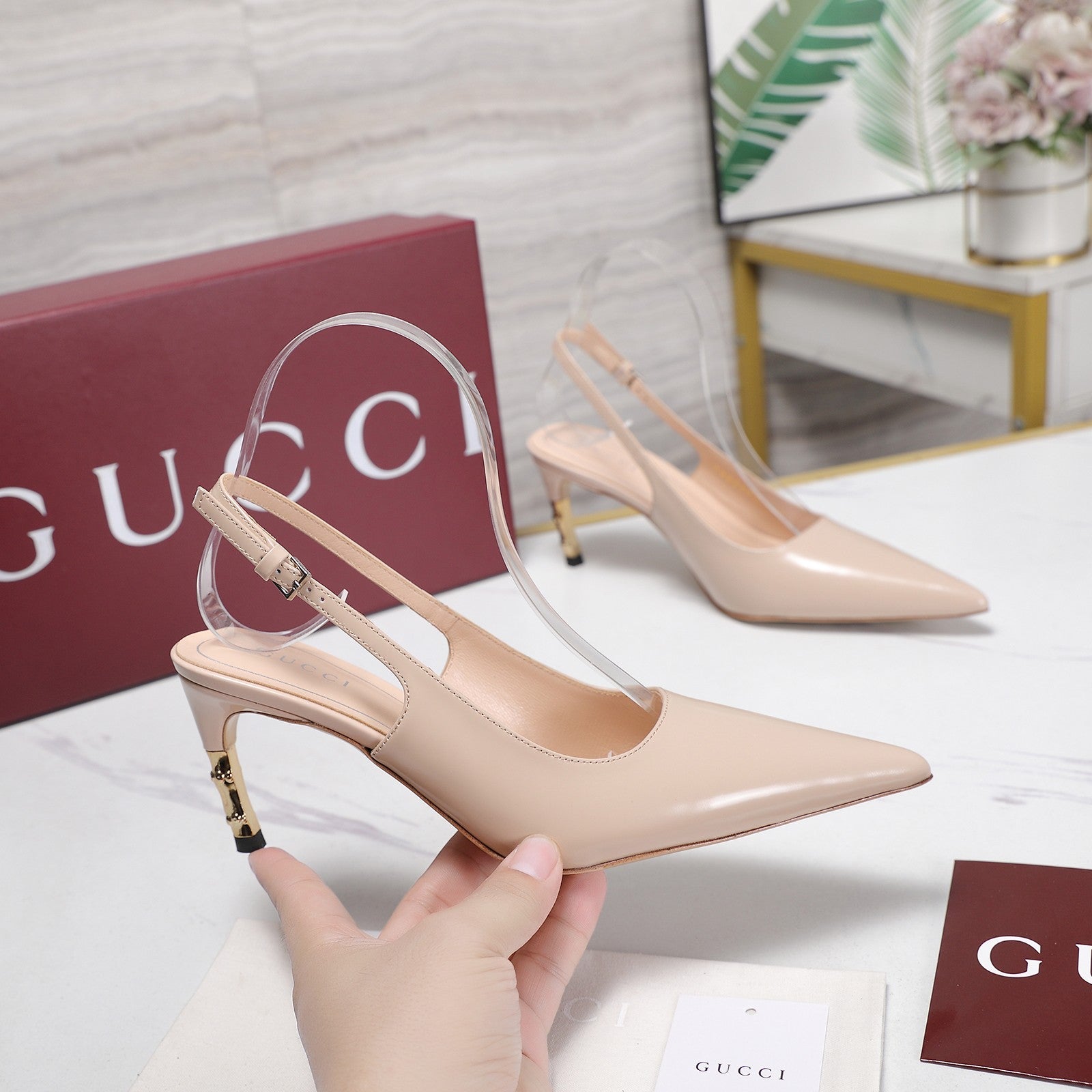 GUCCI 26S HEEL POINTED TOE SLINGBACK PUMPS 75MM IN NUDE BEIGE CALFSKIN