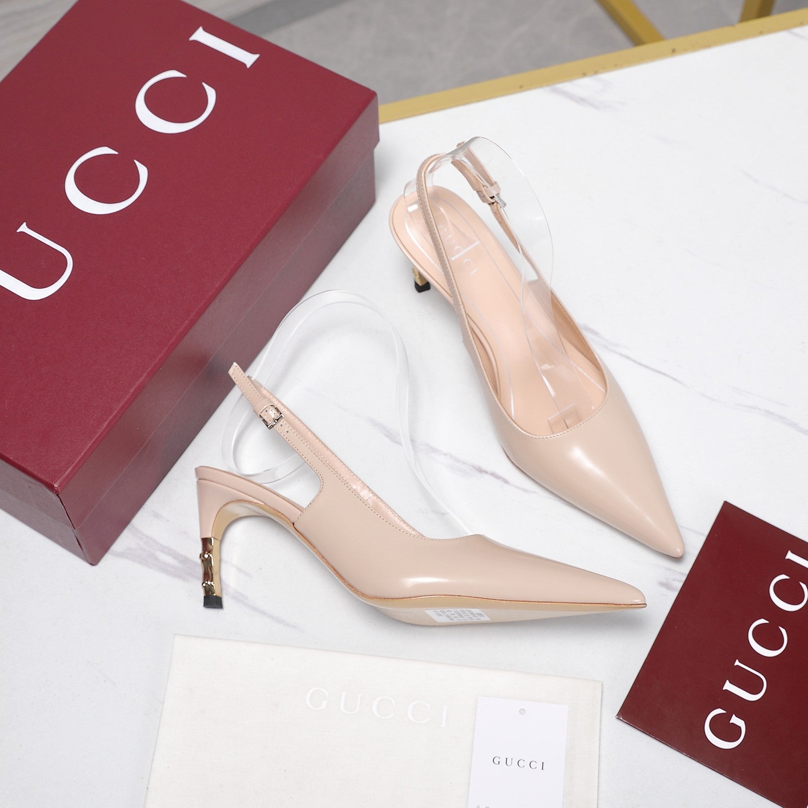 GUCCI 26S HEEL POINTED TOE SLINGBACK PUMPS 75MM IN NUDE BEIGE CALFSKIN