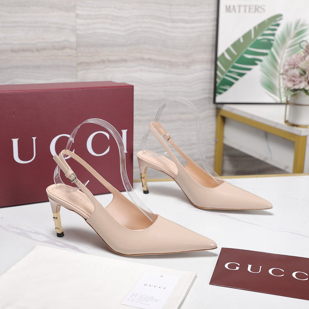 GUCCI 26S HEEL POINTED TOE SLINGBACK PUMPS 75MM IN NUDE BEIGE CALFSKIN