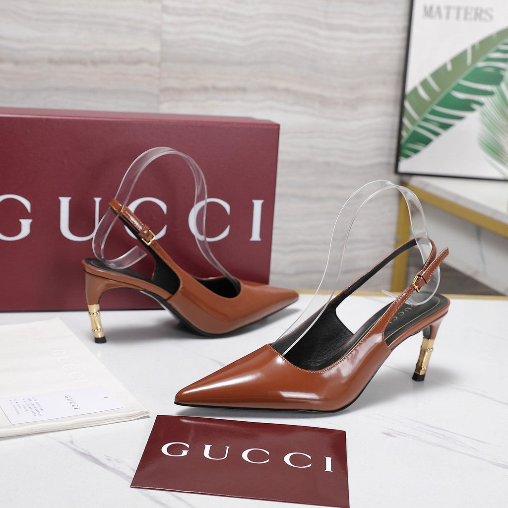 GUCCI 26S HEEL POINTED TOE SLINGBACK PUMPS 75MM IN COGNAC BROWN CALFSKIN