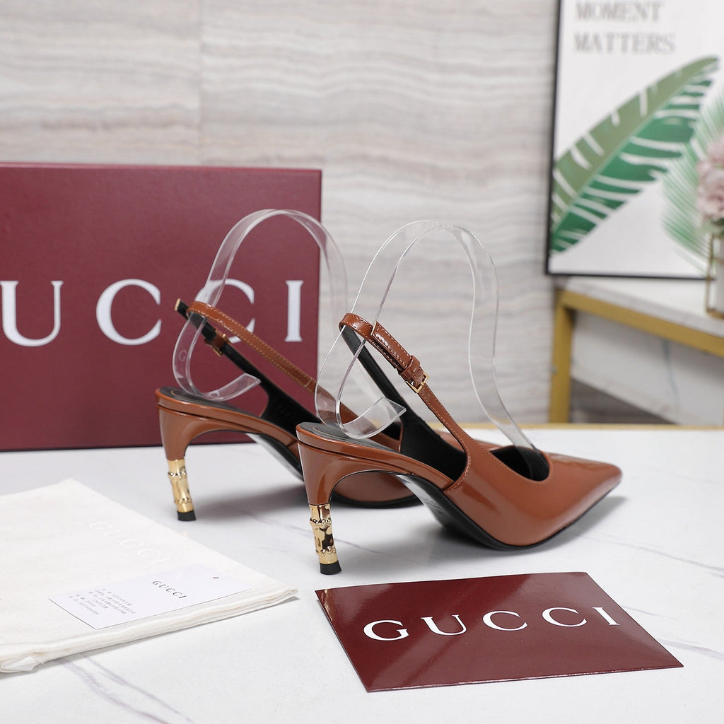 GUCCI 26S HEEL POINTED TOE SLINGBACK PUMPS 75MM IN COGNAC BROWN CALFSKIN