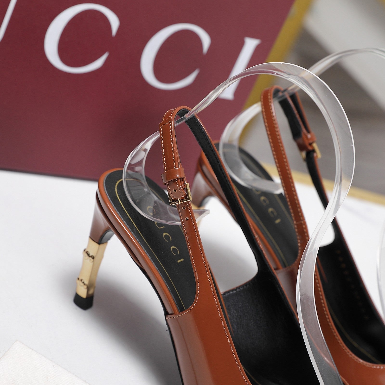 GUCCI 26S HEEL POINTED TOE SLINGBACK PUMPS 75MM IN COGNAC BROWN CALFSKIN