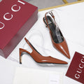 GUCCI 26S HEEL POINTED TOE SLINGBACK PUMPS 75MM IN COGNAC BROWN CALFSKIN