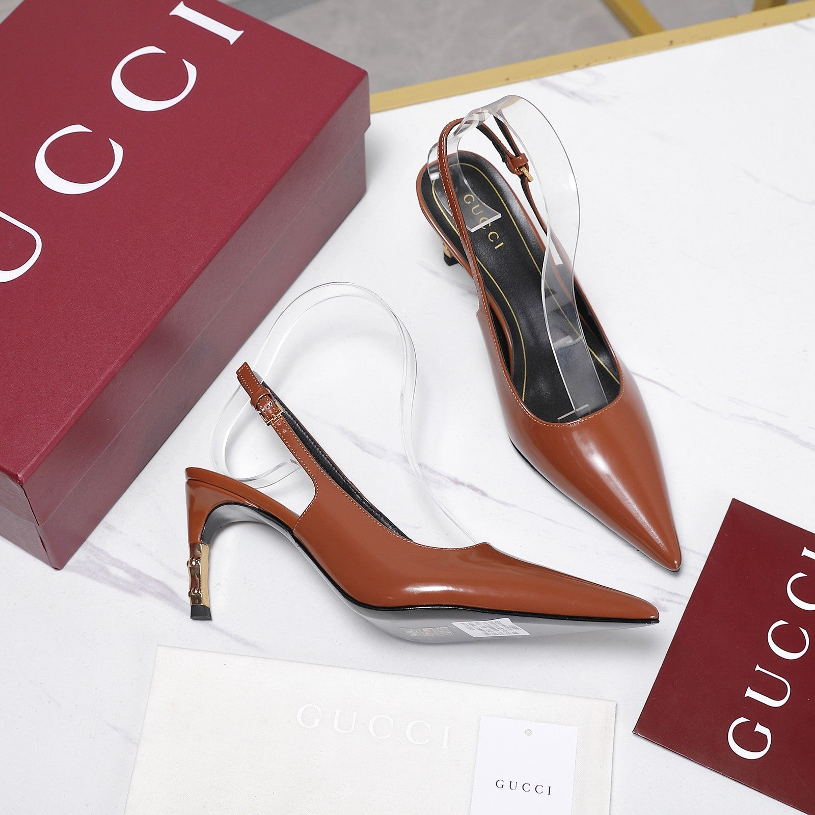 GUCCI 26S HEEL POINTED TOE SLINGBACK PUMPS 75MM IN COGNAC BROWN CALFSKIN