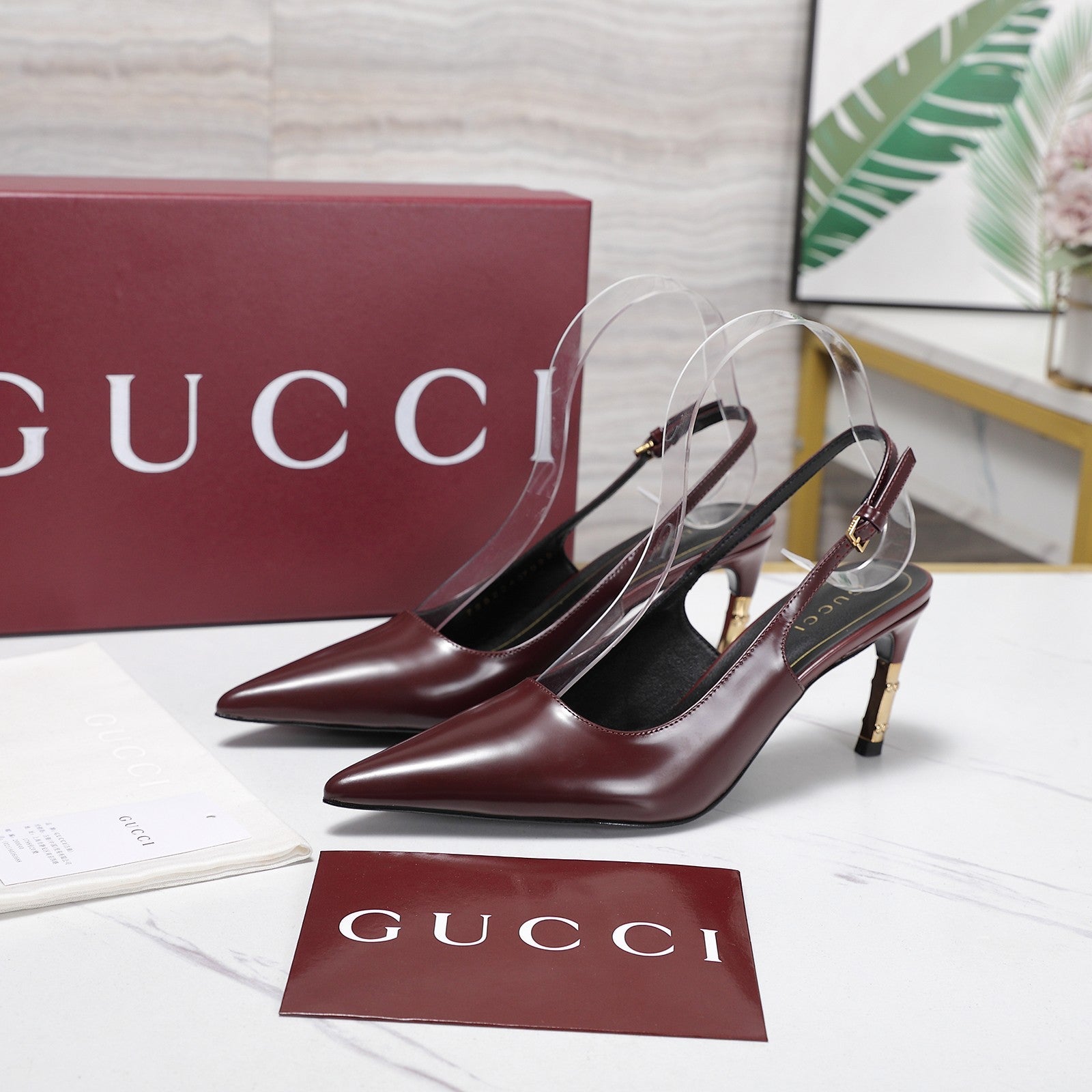 GUCCI 26S HEEL POINTED TOE SLINGBACK PUMPS 75MM IN BURGUNDY RED CALFSKIN