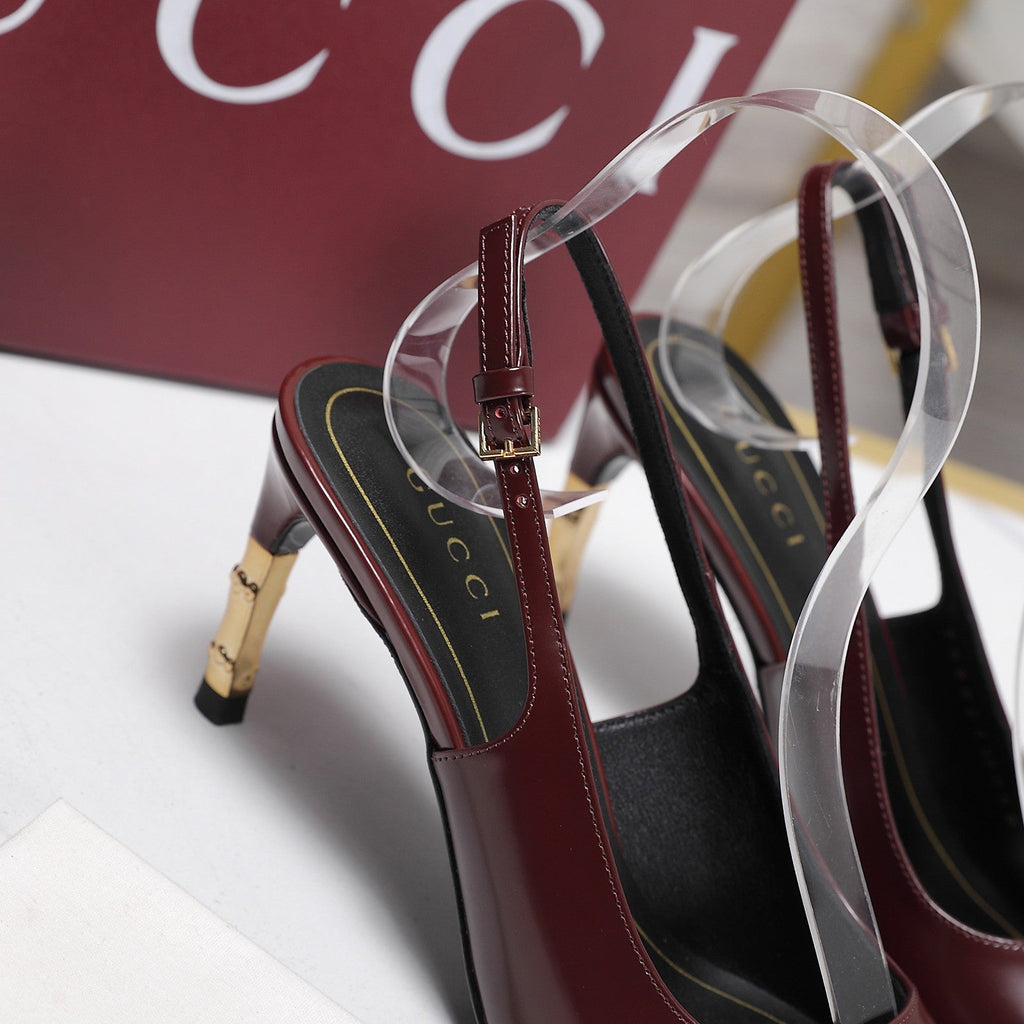 GUCCI 26S HEEL POINTED TOE SLINGBACK PUMPS 75MM IN BURGUNDY RED CALFSKIN