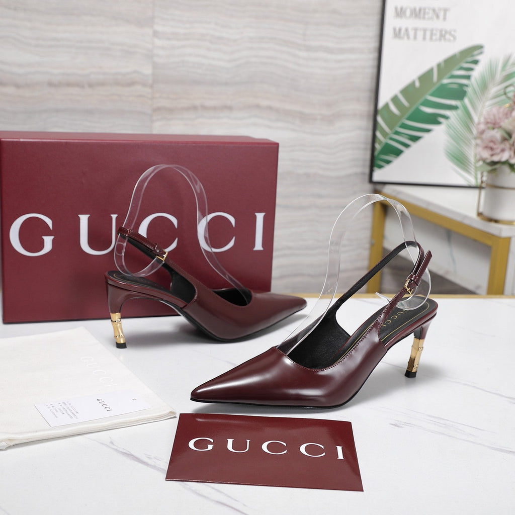 GUCCI 26S HEEL POINTED TOE SLINGBACK PUMPS 75MM IN BURGUNDY RED CALFSKIN