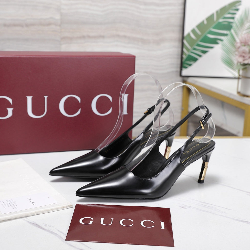 GUCCI 26S HEEL POINTED TOE SLINGBACK PUMPS 75MM IN BLACK CALFSKIN