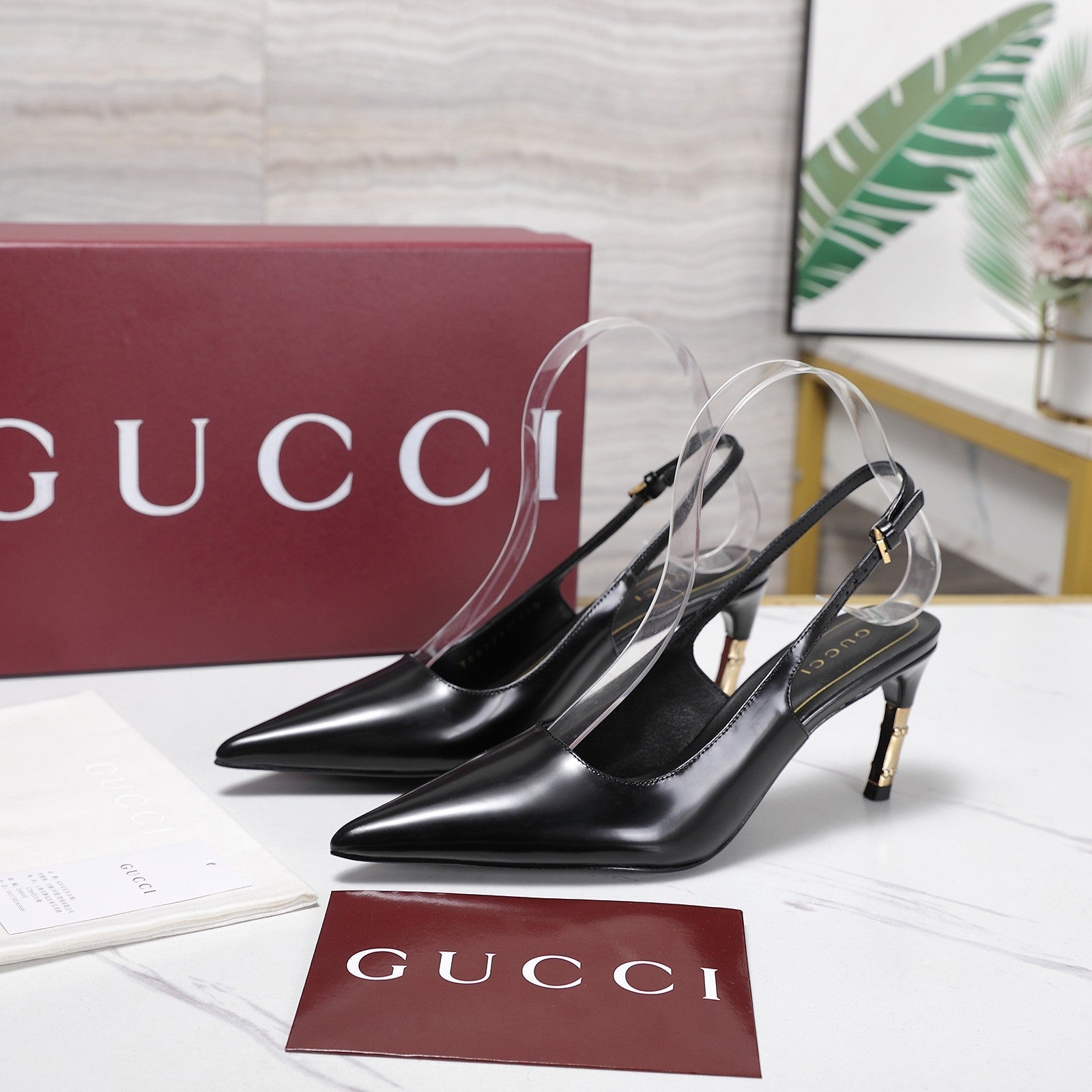 GUCCI 26S HEEL POINTED TOE SLINGBACK PUMPS 75MM IN BLACK CALFSKIN