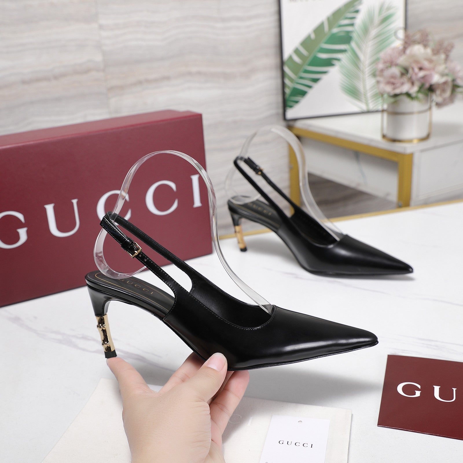 GUCCI 26S HEEL POINTED TOE SLINGBACK PUMPS 75MM IN BLACK CALFSKIN