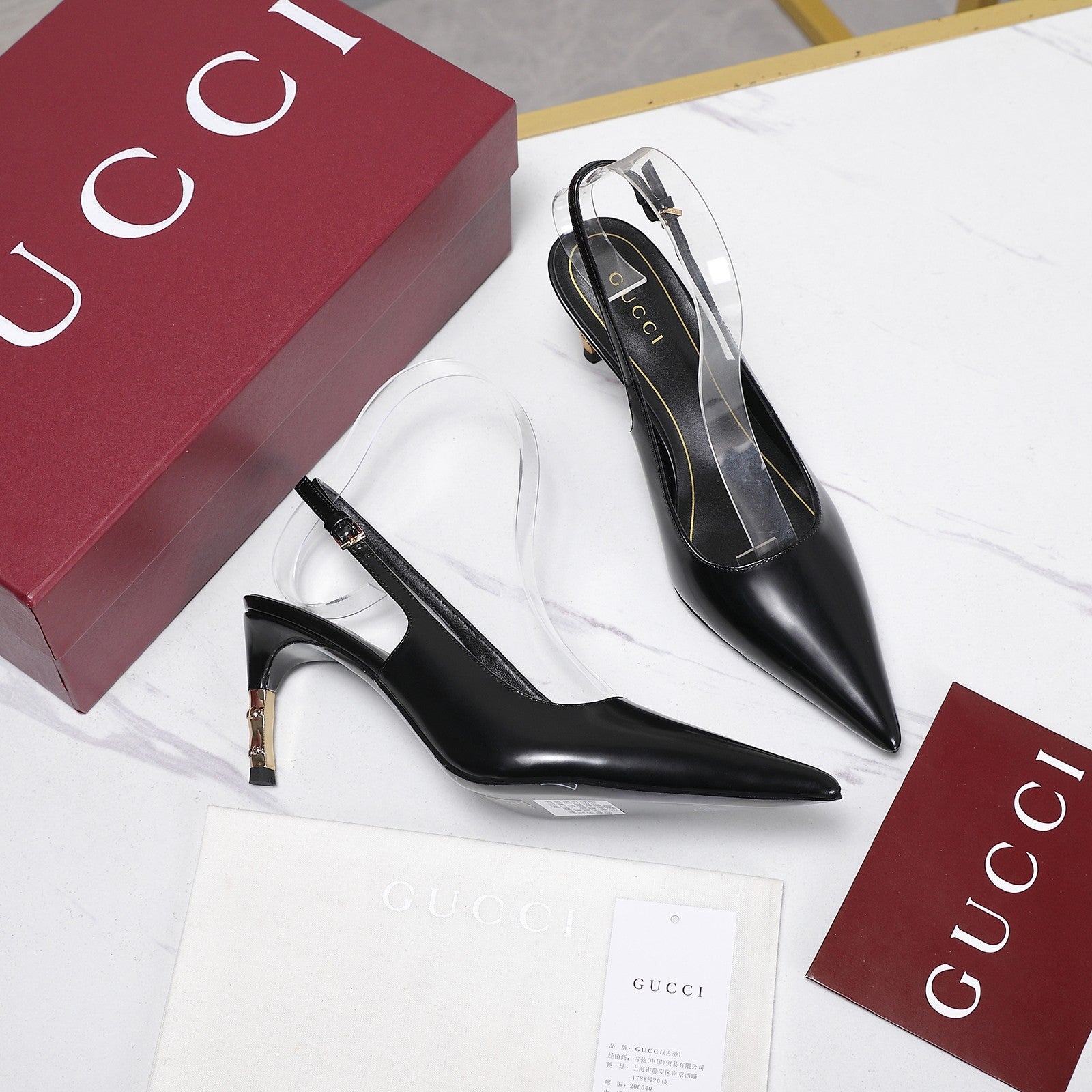 GUCCI 26S HEEL POINTED TOE SLINGBACK PUMPS 75MM IN BLACK CALFSKIN