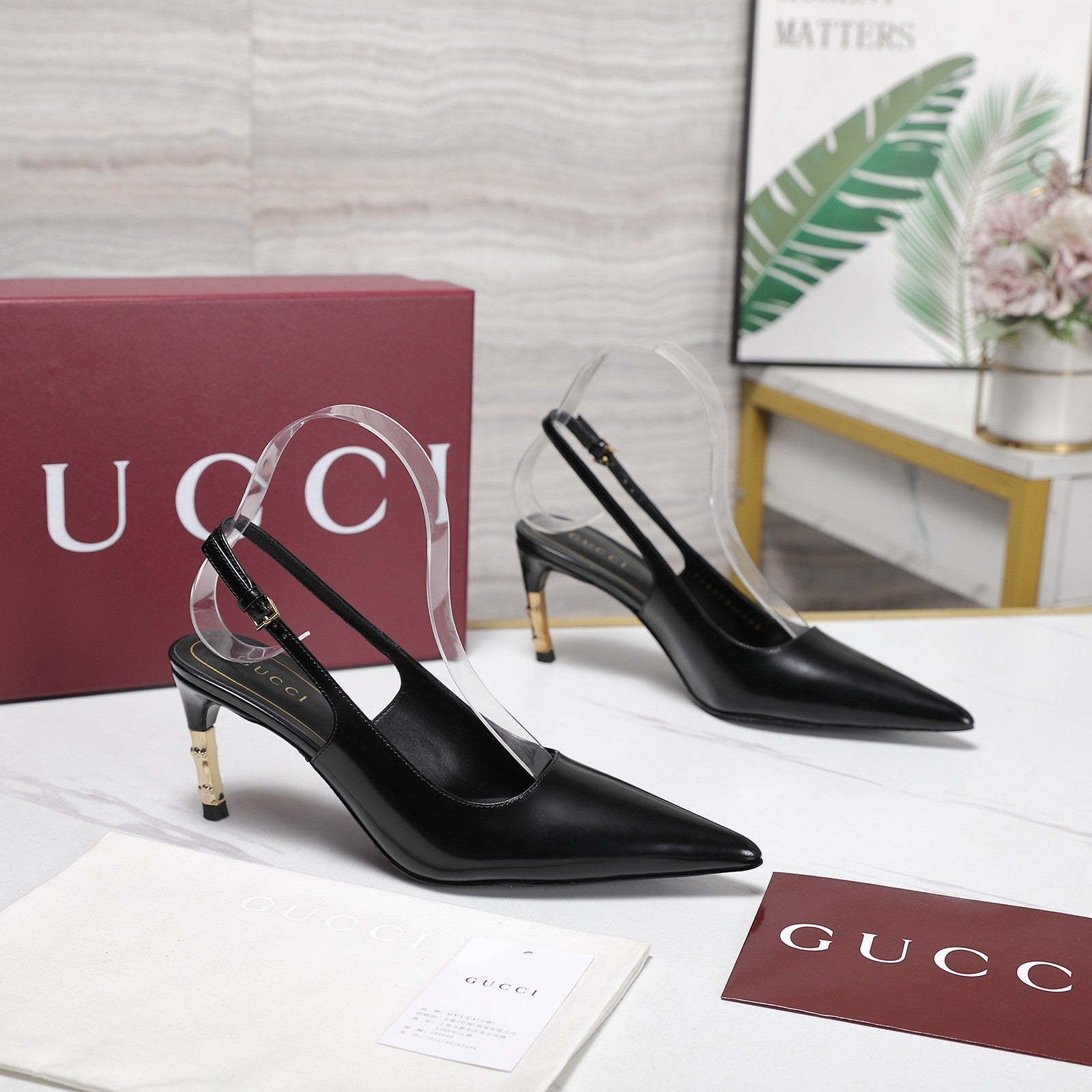 GUCCI 26S HEEL POINTED TOE SLINGBACK PUMPS 75MM IN BLACK CALFSKIN