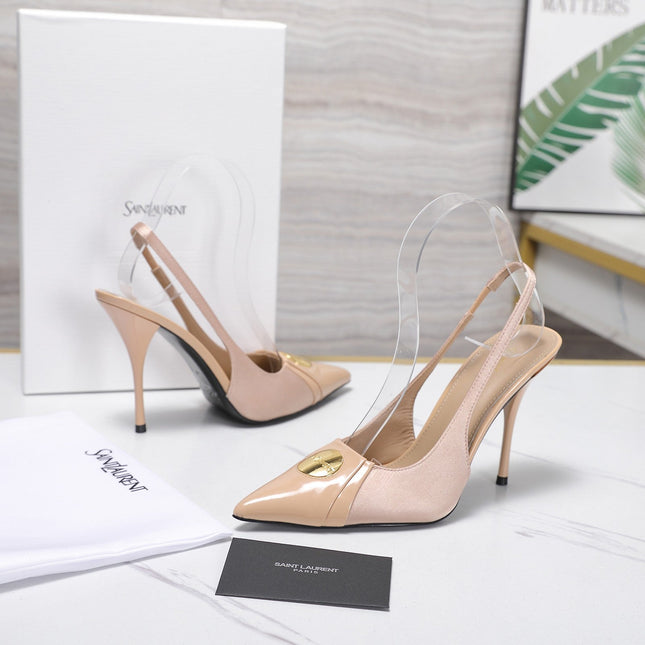 YSL 26S SLINGBACK PUMPS 100 MM IN BEIGE SATIN AND CALFSKIN