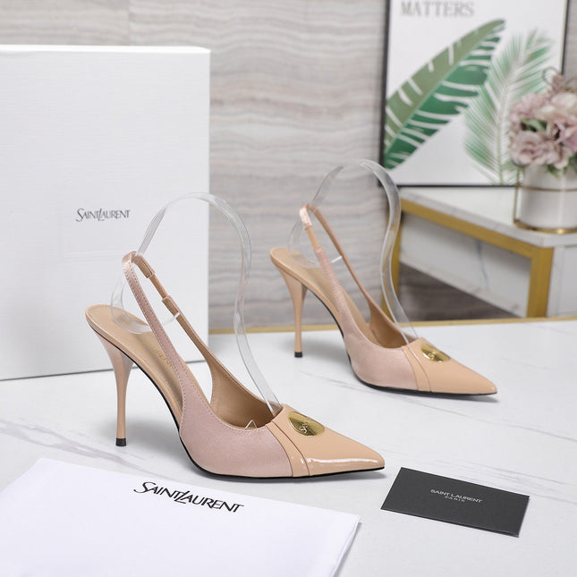YSL 26S SLINGBACK PUMPS 100 MM IN BEIGE SATIN AND CALFSKIN