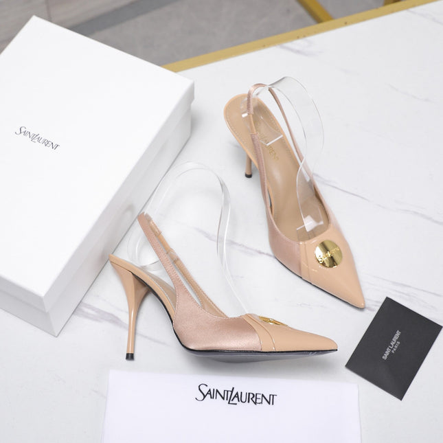 YSL 26S SLINGBACK PUMPS 100 MM IN BEIGE SATIN AND CALFSKIN