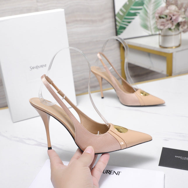 YSL 26S SLINGBACK PUMPS 100 MM IN BEIGE SATIN AND CALFSKIN