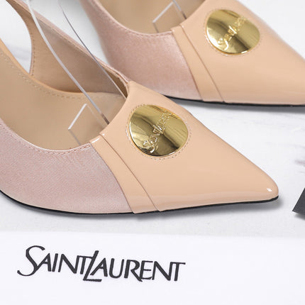 YSL 26S SLINGBACK PUMPS 100 MM IN BEIGE SATIN AND CALFSKIN
