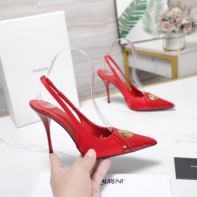 YSL 26S SLINGBACK PUMPS 100 MM IN RED SATIN AND CALFSKIN