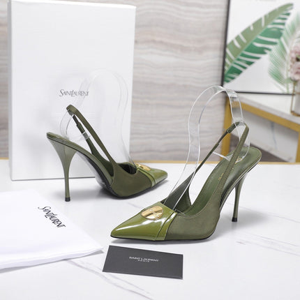 YSL 26S SLINGBACK PUMPS 100 MM IN MOSS GREEN SATIN AND CALFSKIN