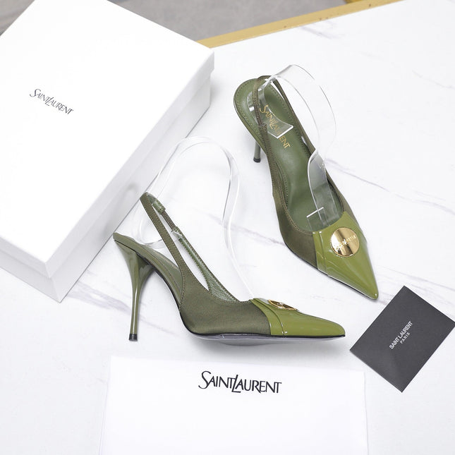 YSL 26S SLINGBACK PUMPS 100 MM IN MOSS GREEN SATIN AND CALFSKIN