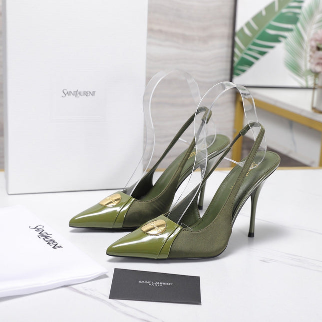 YSL 26S SLINGBACK PUMPS 100 MM IN MOSS GREEN SATIN AND CALFSKIN