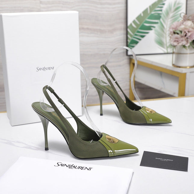 YSL 26S SLINGBACK PUMPS 100 MM IN MOSS GREEN SATIN AND CALFSKIN