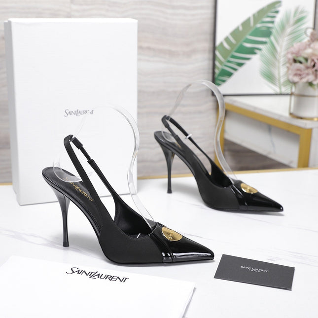 YSL 26S SLINGBACK PUMPS 100 MM IN BLACK SATIN AND CALFSKIN