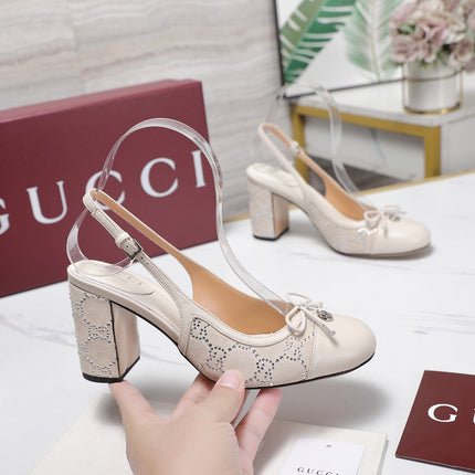 GUCCI 26S HEEL SLINGBACK PUMP 80 MM IN CREAM WHITE CALFSKIN AND SUEDE