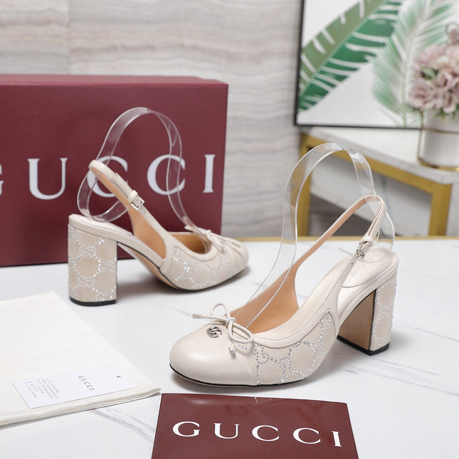 GUCCI 26S HEEL SLINGBACK PUMP 80 MM IN CREAM WHITE CALFSKIN AND SUEDE