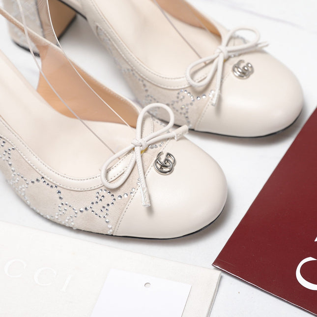 GUCCI 26S HEEL SLINGBACK PUMP 80 MM IN CREAM WHITE CALFSKIN AND SUEDE