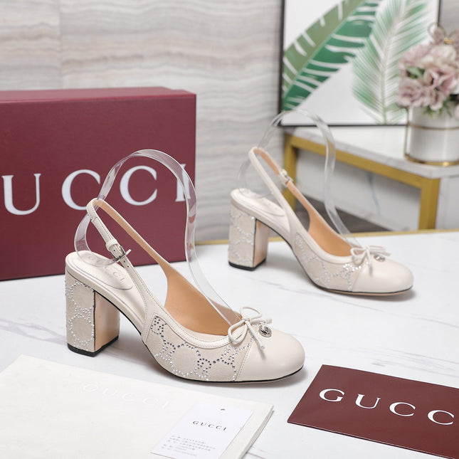 GUCCI 26S HEEL SLINGBACK PUMP 80 MM IN CREAM WHITE CALFSKIN AND SUEDE