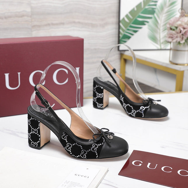 GUCCI 26S HEEL SLINGBACK PUMP 80 MM IN BLACK CALFSKIN AND SUEDE